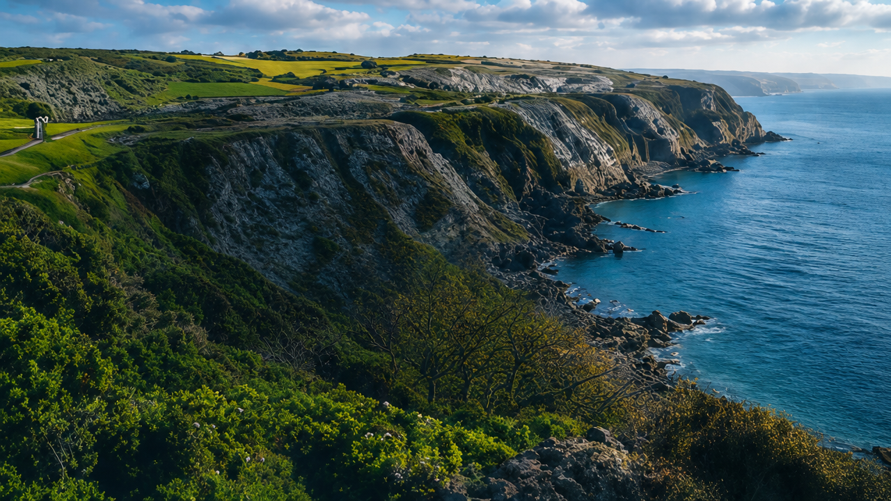 Coastal cliffs and green fields beside the sea